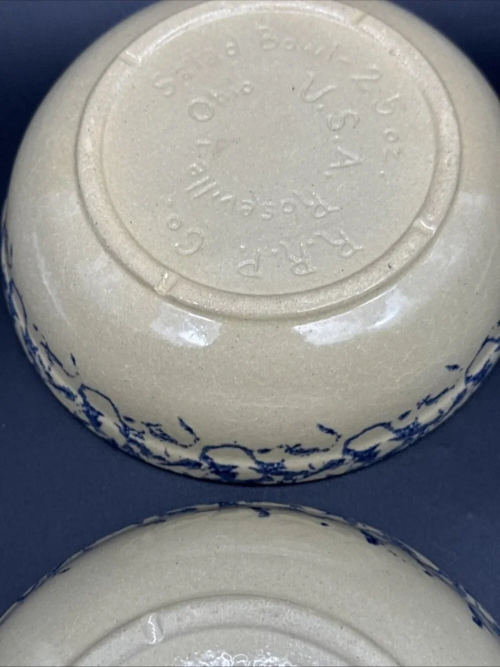 VTG RRP Roseville Ohio Blue Wheat Spongeware Salad Bowl Set 2 Farm Cottage 2.5oz